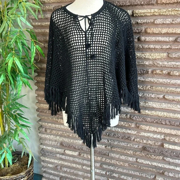 Tommy Hilfiger Tommy Jeans Black Open Weave Fringe Poncho - Picture 1 of 6